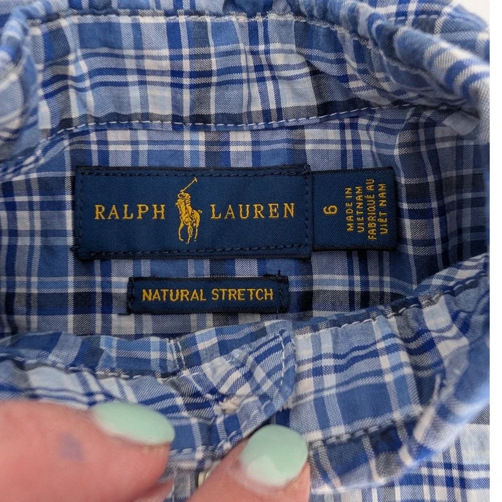 Ralph Lauren Button Down Shirt Kids 6 Blue Plaid Cotton Long Sleeve Preppy